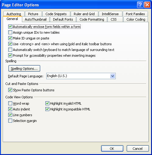 Expression Web Page Editor Options dialog - general properties