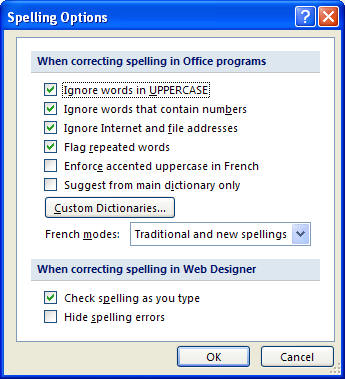 Expression Web Spelling Options dialog